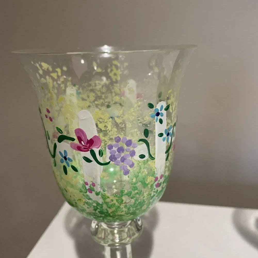 Art Glass Stemmed Goblets Wine or Water Glasses Hand Painted Flowers Signed 